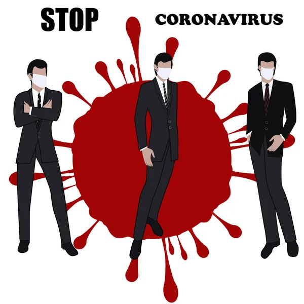 Detén el coronavirus. Grupo de científicos, hombres con máscaras médicas - punto rojo icono abstracto - aislado sobre fondo blanco - vector. Concepto pandémico . — Archivo Imágenes Vectoriales
