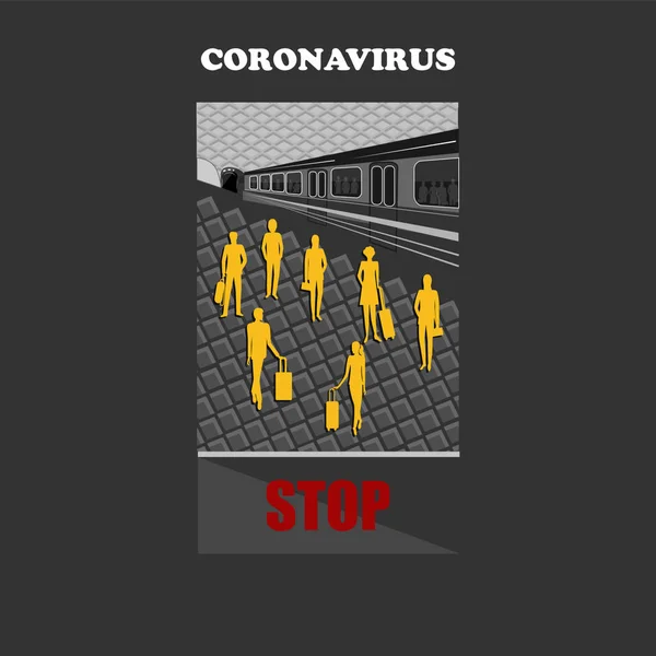 Concepto pandémico. Detén el coronavirus. Tren y pasajeros - fondo oscuro - vector. Concepto de alerta de viaje. Riesgo de salud . — Archivo Imágenes Vectoriales