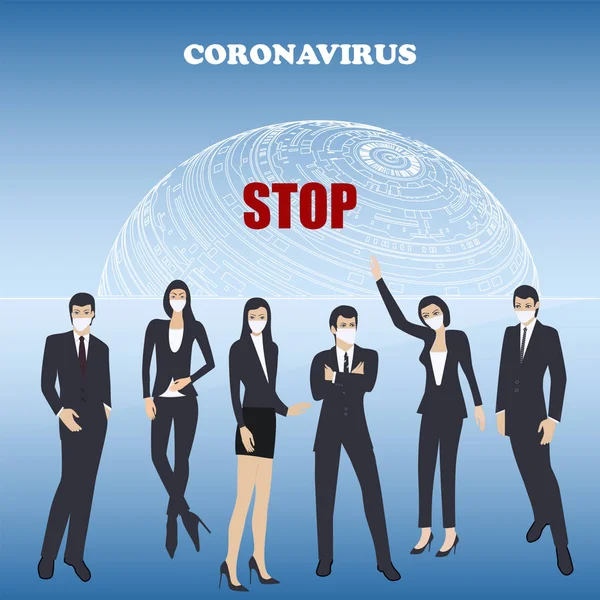Detén el coronavirus. Grupo de científicos sobre el fondo del globo con símbolos tecnológicos - vector. Concepto pandémico . — Archivo Imágenes Vectoriales