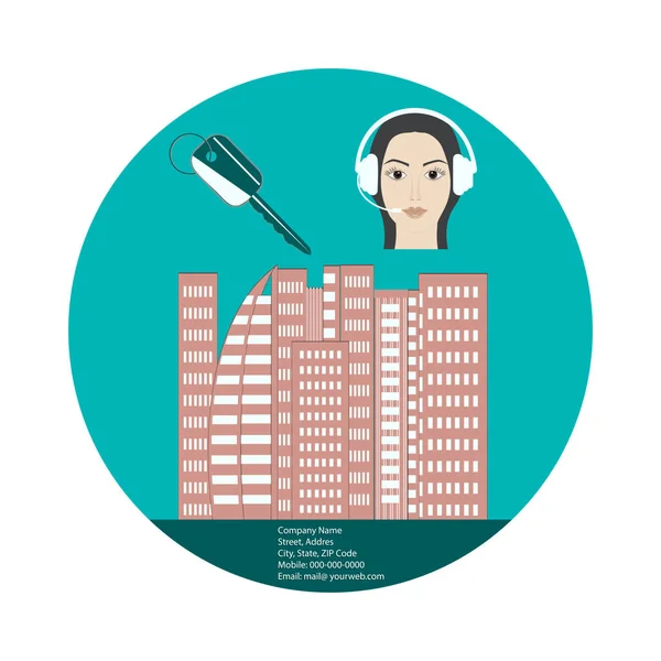 Multi-emeletes épület - értékesítési menedzser, nő fülhallgatóban, ház, kulcs - ikon, elszigetelt fehér háttér - vektor. Ingatlanügynökség. — Stock Vector