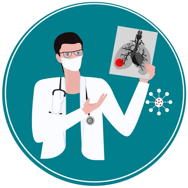 Doctor houdt foto van menselijke longen - ronde pictogram, geïsoleerd op witte achtergrond - vector. Gezondheidsbescherming. Virale infectie. — Stockvector