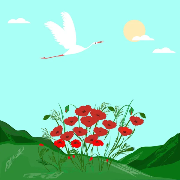 コウノトリが飛んでるケシは赤い。山、太陽、草-ベクトル。環境保護. — ストックベクタ