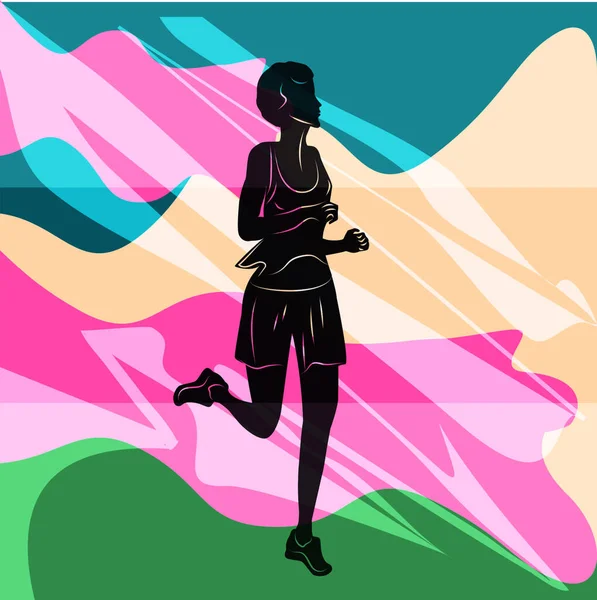 Futó sportoló, nő - fényes elvont háttér - illusztráció, vektor. Kreatív banner Aktív életmód. — Stock Vector