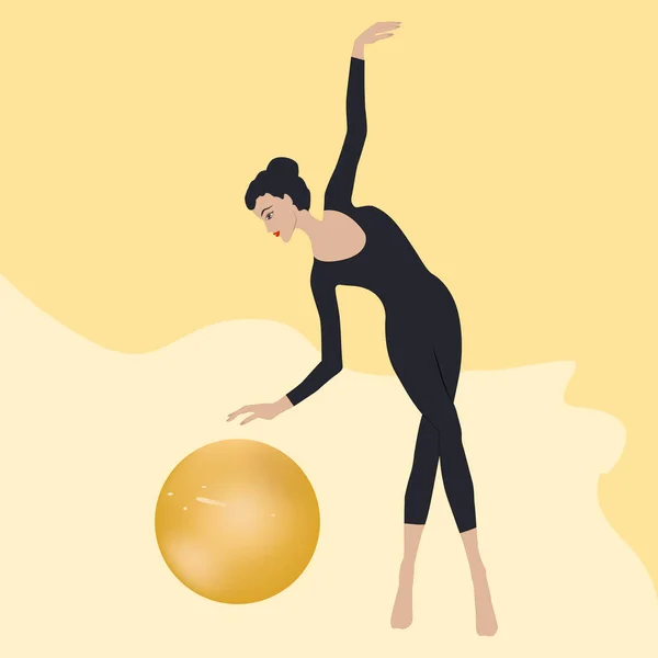 Žena tančící s míčem, elegantní - žluté abstraktní pozadí - ilustrace, vektor. Creative banner Aktivní životní styl. — Stockový vektor