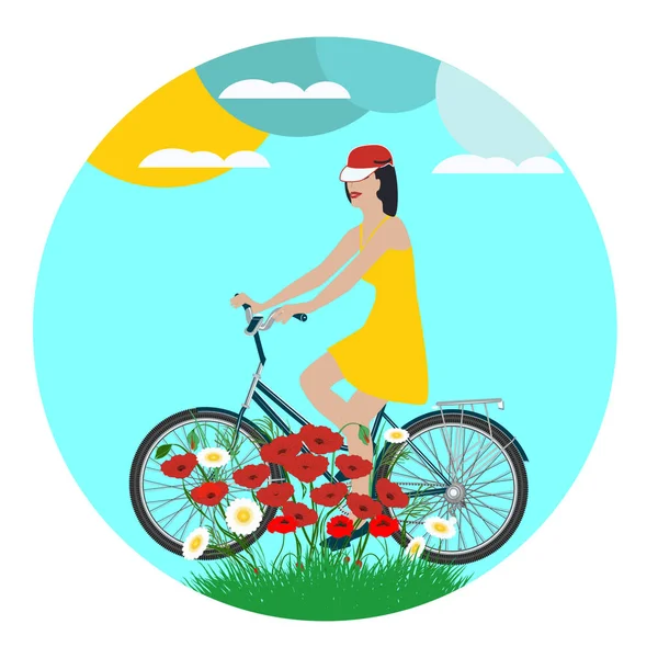 Mulher em uma bicicleta, flores silvestres, papoilas vermelhas - ícone - vetor. Primavera verão paisagem plana — Vetor de Stock