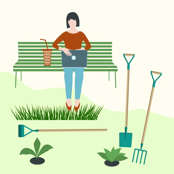 Praca w ogrodzie. Przerwa w pracy - kobieta z laptopem siedzi na ławce, narzędzia ogrodnicze - wektor. Wiosną. Przeszczepianie. — Wektor stockowy