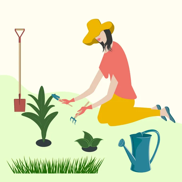 Przeszczepianie. Kobieta klęcząca sadzi roślinę, podlewa puszkę, łopatę - wektor. Wiosną. Roboty ogrodowe. — Wektor stockowy