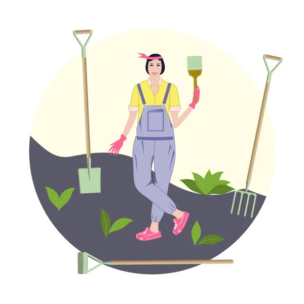 Vrouw, vrolijk planten van een plant, tuingereedschap - rond icoon, geïsoleerd op witte achtergrond - vector. Landelijk werk. Zomertijd in het voorjaar. — Stockvector