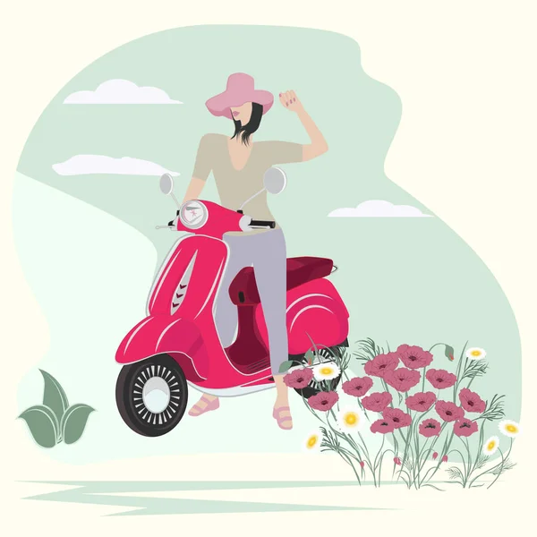 Chica en una moto en la naturaleza, flores silvestres amapolas y margaritas ilustración, vector. Estilo de vida — Vector de stock