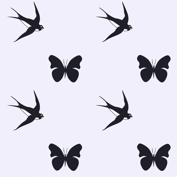 Las golondrinas y las mariposas - negro sobre el fondo claro - el arte, el vector. Patrón — Archivo Imágenes Vectoriales