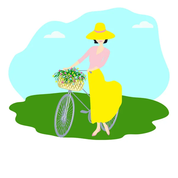 Vrouw met fiets, mand met wilde bloemen - abstract icoon - geïsoleerd op witte achtergrond - vector. Openluchtrecreatie — Stockvector