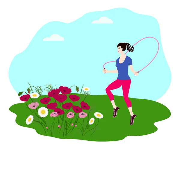 Meisje springtouw - wilde bloemen - abstract icoon - geïsoleerd op witte achtergrond - vector. Camping — Stockvector