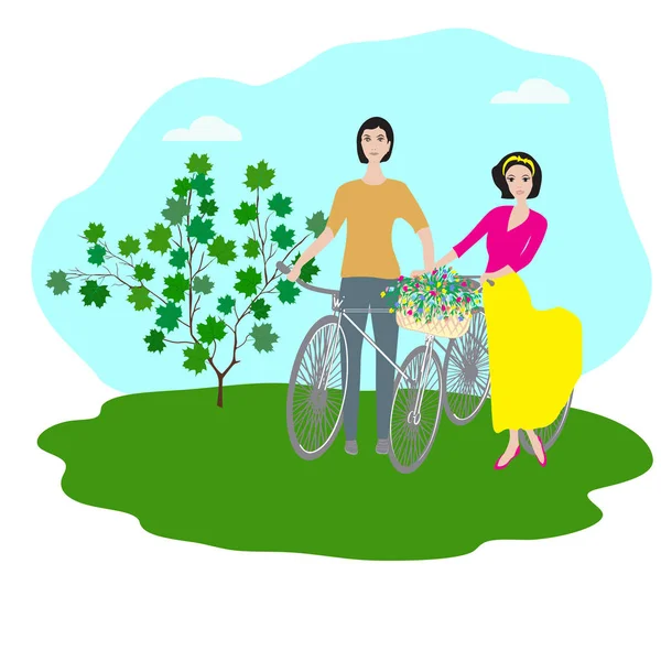 Man en vrouw met fietsen in de natuur - icoon abstract geïsoleerd op een witte achtergrond vector. — Stockvector