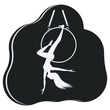 Yüzükteki hava yogası. Siyah arka plandaki beyaz siluet. İzole edilmiş vektör. Kadın aerobiği. Fitness Akrobasi