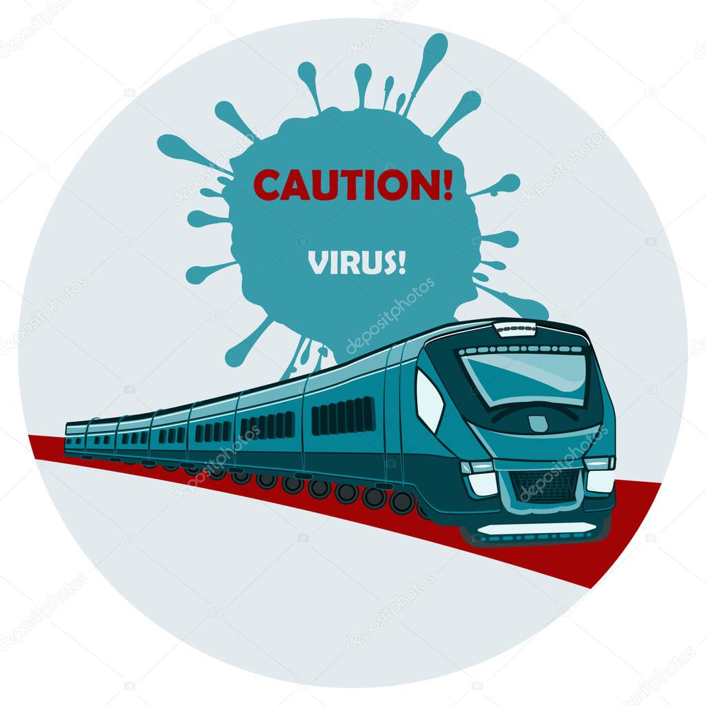 Train - Caution. Virus. - icon isolated on a white background - vector. Warning about the spread of viral infections in public transport. Passenger safety concept.