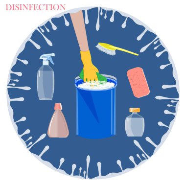 Sabun köpüklü kova, plastik eldivende bir el, dezenfeksiyon şişeleri - soyut ikon - izole edilmiş - vektör. Ev hanımı. Temizlik. Bir bakteri virüsünün yok edilmesi.