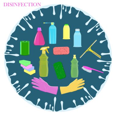 Dezenfekte öğeleri - kauçuk eldiven, kazıyıcı, fırça, şişe, sünger - soyut simge - izole edilmiş - vektör. Ev hanımı. Temizlik. Bir bakteri virüsünün yok edilmesi.