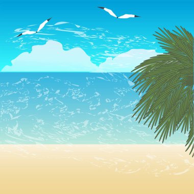 Deniz burnu, kumlu sahil, martılar, bulutlar, vektör. Pankart. Kamp yapmak. Turizm. Yolculuk.