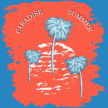 Ada - grunge tarzı soyut, palmiye ağaçları - vektör. Yolculuk. Turist gezisi. Sörfçü gezileri. Cennet Yazı.