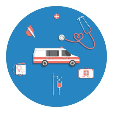 İlk yardım arabası - damlatıcı, steteskop, şırınga, ilaç - vektör. SARS-CoV virüsü. Evden bir doktor çağır..