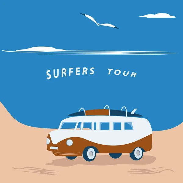 Seascape Voiture Pour Les Surfeurs Mouettes Vecteur Tourisme Voyage — Image vectorielle