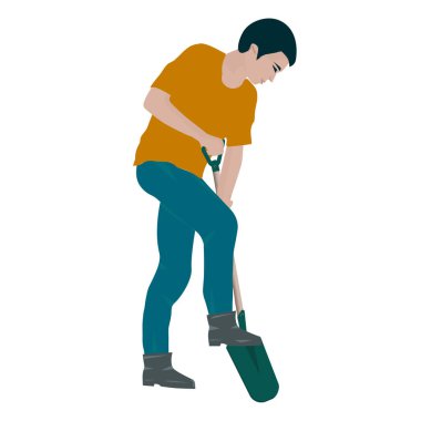 Kürekli bir adam, beyaz bir vektörle izole edilmiş. Bahçe işleri.