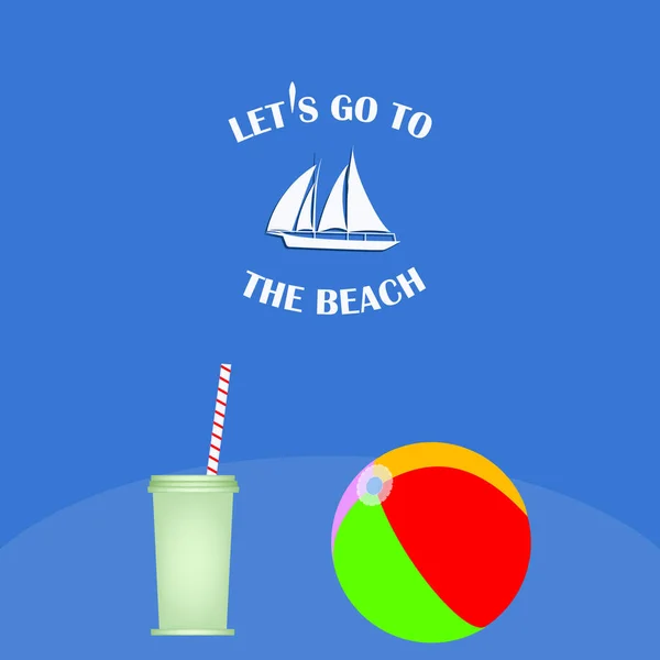 Segelboot Aufblasbarer Beachball Glas Zum Mitnehmen Mit Strohhalm Blauer Hintergrund — Stockvektor