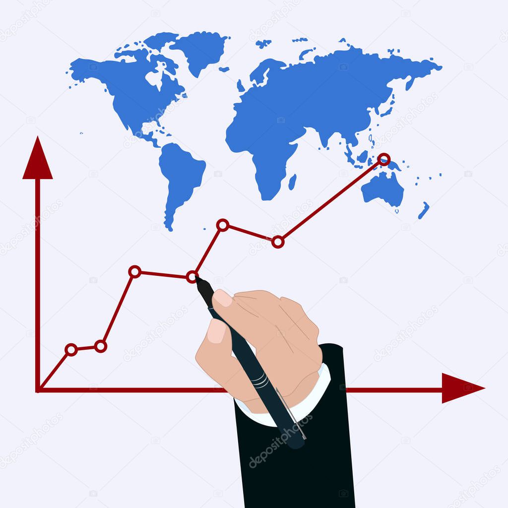 Businessman hand draws with a marker a graph - world map - isolated on white background - vector. Concept of planning a successful business.