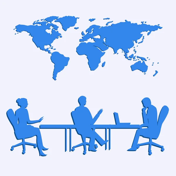 Empresários Estão Sentados Uma Mesa Mapa Mundo Vetor Tecnologia Comunicação — Vetor de Stock