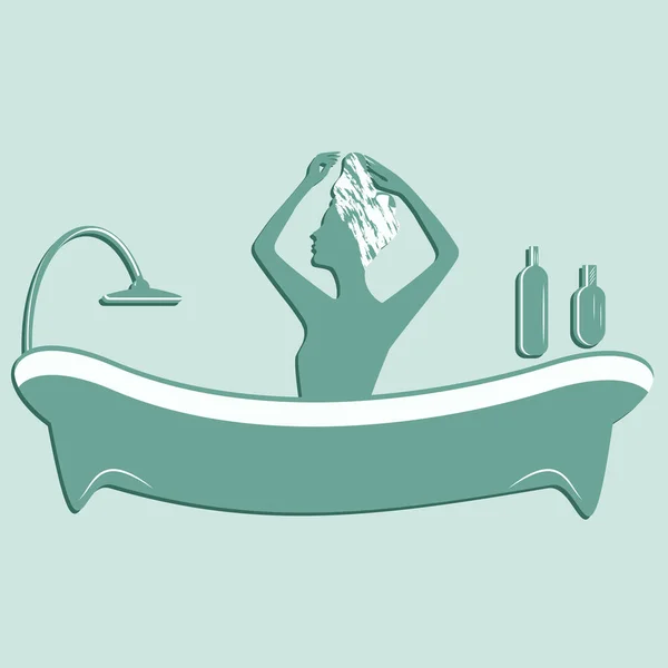 Silueta Mujer Baño Monocromo Fondo Verde Claro Vector Higiene — Vector de stock