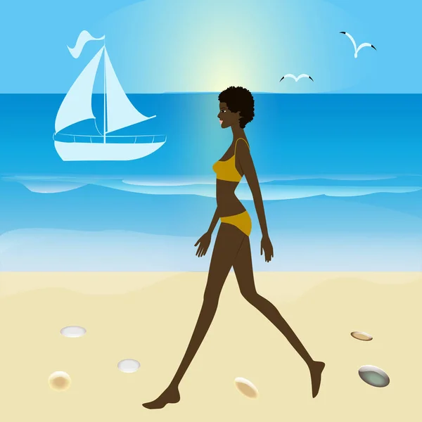 Chica Africana Traje Baño Orilla Del Mar Yate Olas Vector — Vector de stock