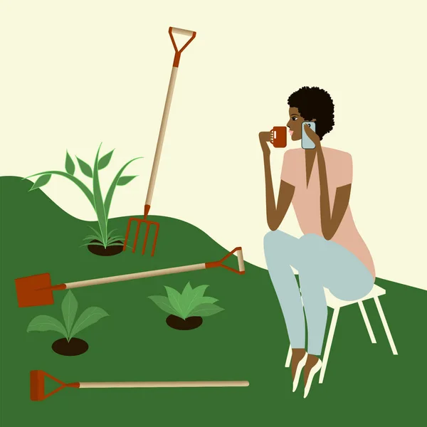 Planter Des Semis Dans Sol Pause Travail Femme Africaine Assise — Image vectorielle