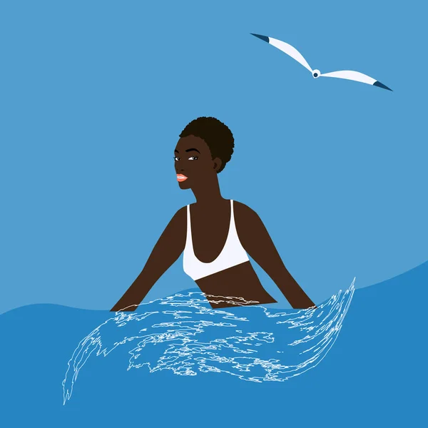 Chica Africana Nada Mar Gaviota Vector Turismo Vacaciones Mar — Vector de stock