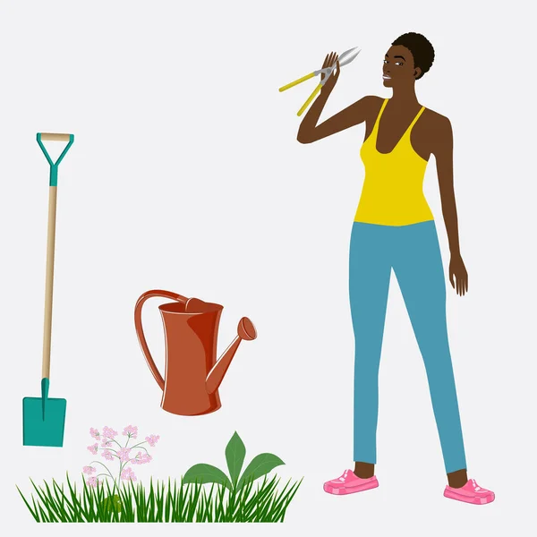 Trabalho Jardinagem Mulher Africana Grama Flores Regador Ferramentas Isolado Fundo — Vetor de Stock