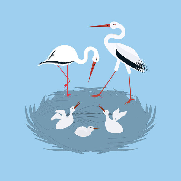 Storks - family, chicks, nest - vector. Happy Earth Day. The world of birds.