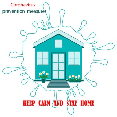 Grip salgını. Sakin ol ve evde kal. Yuvarlak ikon, virüsün arka planında bir ev. Coronavirus önleme tedbirleri.