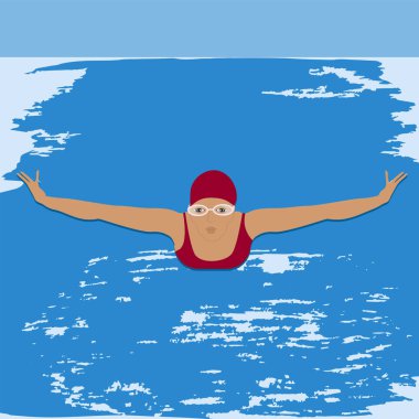 Kadın kelebek stili yüzer. Soyut manzara grunge stilinde. Kamp yapmak. Su sporları.