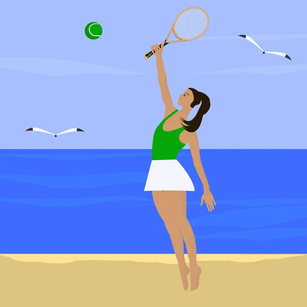 Dívka Raketou Hraje Tenis Moře Písčité Pobřeží Racci Ilustrace Vektor — Stockový vektor