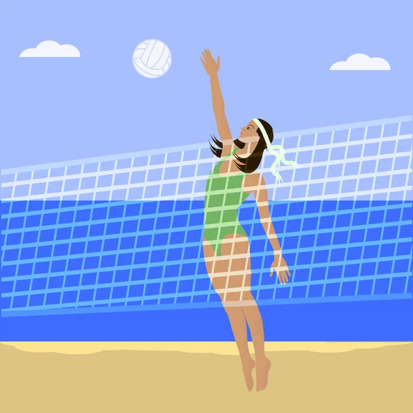 Девушка Играет Волейбол Через Растянутую Сеть Море Песчаный Берег Иллюстрация — стоковый вектор
