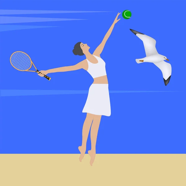 Женщина Ракеткой Играет Теннис Море Песчаный Берег Большая Чайка Иллюстрация — стоковый вектор