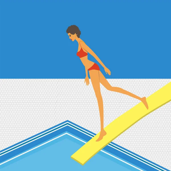 池子里 铺着瓷砖的地板女人从跳板上跳到了水的载体上 水上运动 — 图库矢量图片