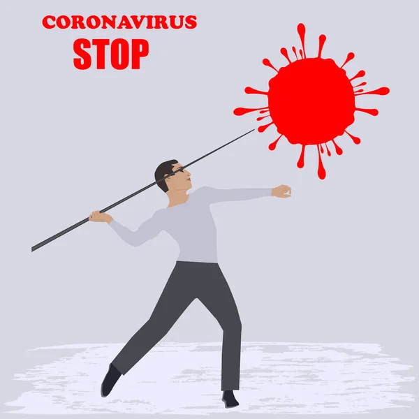 Pandemische Controle Een Man Richt Een Speer Een Virus Symbool — Stockvector