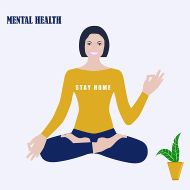 Akıl sağlığı Yogası - kız meditasyon yapıyor - vektör. Evde kal. Karantinaya alın. Kendini soyutlama. Akıl sağlığı, akıl sağlığı. Sağlıklı kalın