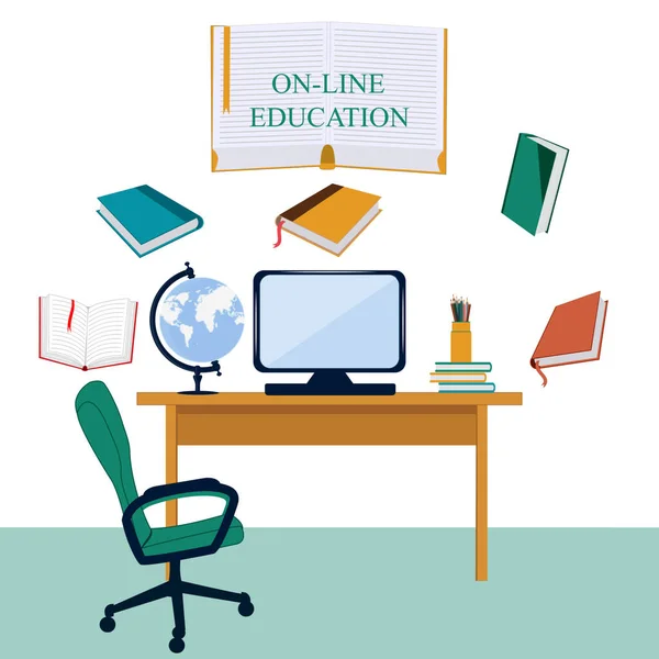 Educazione Online Libri Scrivania Computer Sedia Vettore Interni Domestici Quarantena — Vettoriale Stock