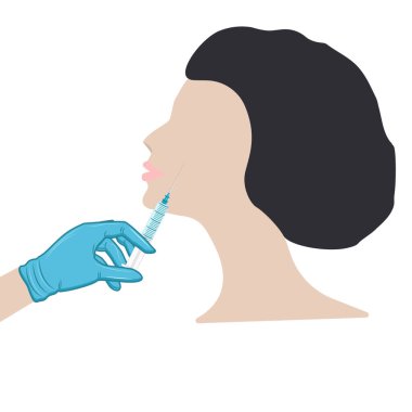 Tıbbi bir eldiven takmak kadının yüzüne bir iğne yapar. Sağlık hizmetleri. Prosedür tıbbi. Güzellik salonu.