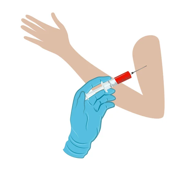 Egy Kéz Egy Orvosi Kesztyűben Beadja Injekciót Karba Vektor Egészségügyi — Stock Vector