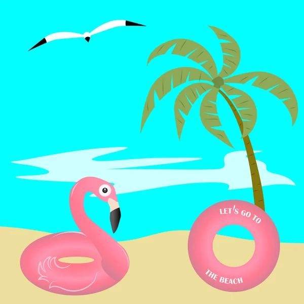 Flamingo Und Rosa Kreis Gummi Aufblasbar Meereslandschaft Küste Palme Vektor — Stockvektor