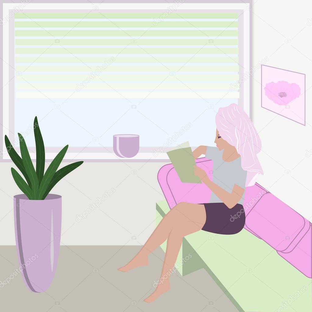A woman with a towel on her head sits on a sofa, reads a book - vector. Mental health Quarantine. Interior. Personal care.