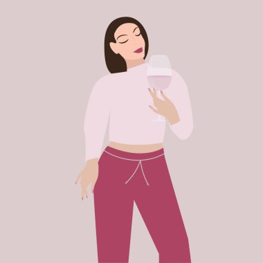 Elinde bir bardak gül şarabı olan kadın, vektör. Seyahat posteri. Akıl sağlığı. Evde kal..