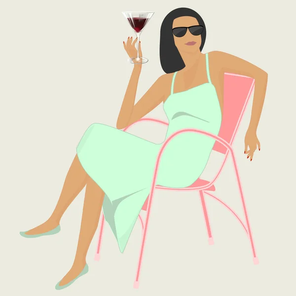 Femme Lunettes Soleil Assoit Sur Une Chaise Avec Verre Vin — Image vectorielle